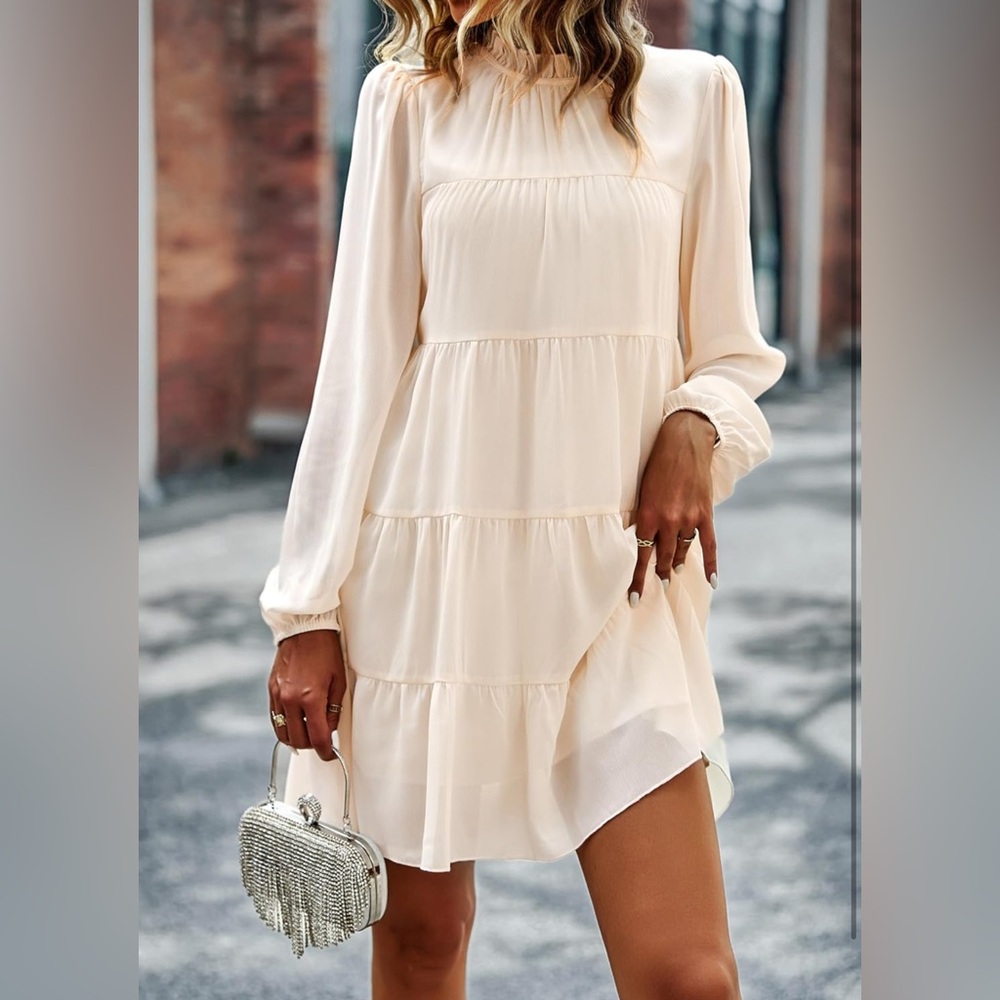 NWT Kirundo Spring Long Sleeve Ruffle Mock Neck Tiered Mini Babydoll - Ivory